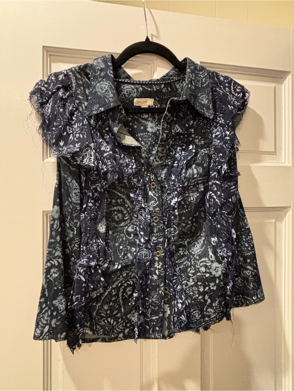 Anthropologie Navy and Light Blue Paisley Ruffled Button-Down Top